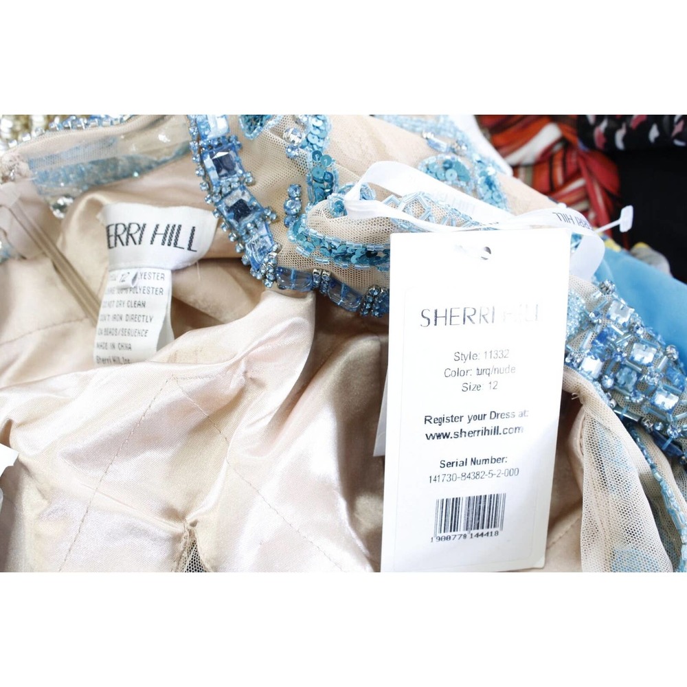 Sherri Hill Turquoise Blue Nude Mesh Beaded Prom Formal Dress Gown Size 12 - Picture 4 of 12